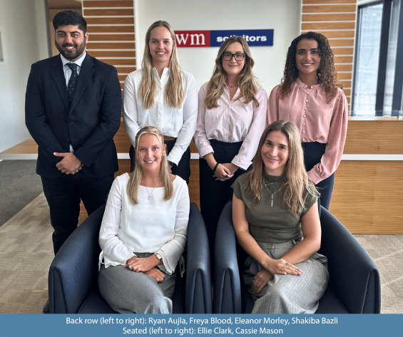 TWM Solicitors new trainees 2025 Ryan Aujla, Freya Blood, Eleanor Morley, Shakiba Bazli, Ellie Clark, Cassie Mason